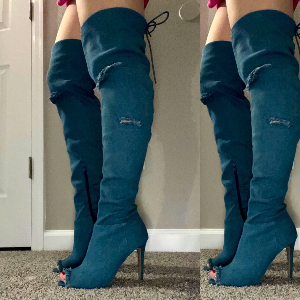 Over the knee open toe jean high heels